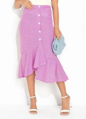 Rosalie - Saia Xadrez Rosa com Botão - ROSALIE