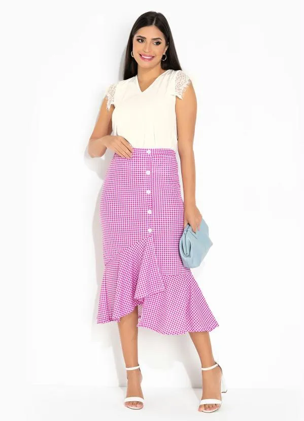 Rosalie - Saia Xadrez Rosa com Botão 4