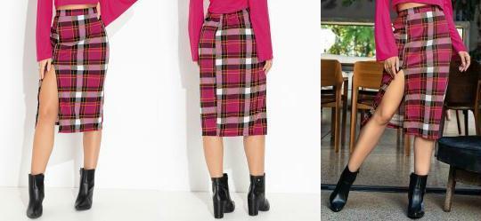 Saia Xadrez Rosa com Fenda e Cintura Alta
