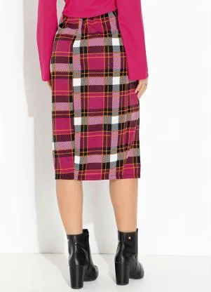 Moda Pop - Saia Xadrez Rosa com Fenda e Cintura Alta - MODA POP