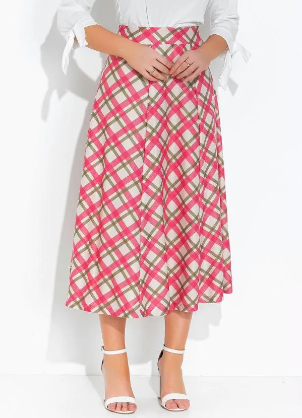 Rosalie - Saia Xadrez Rosa Evasê