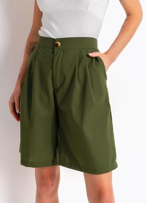 Bermuda de Linho Verde Oliva com Pregas e El�stico no C�s