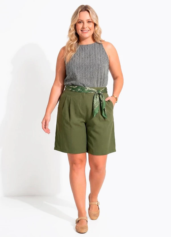 Quintess - Bermuda de Linho Verde Oliva com Pregas e Elástico no Cós 14
