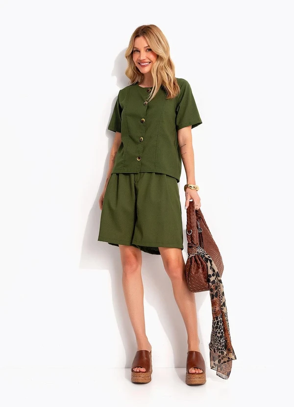 Quintess - Bermuda de Linho Verde Oliva com Pregas e Elástico no Cós 6