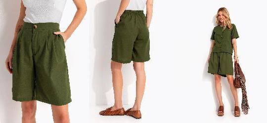 Bermuda de Linho Verde Oliva com Pregas e El�stico no C�s