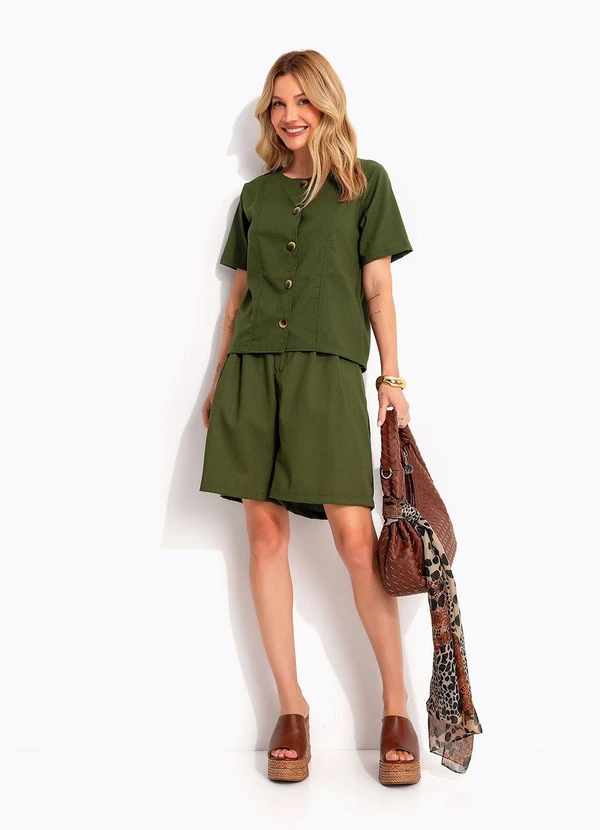 Quintess - Bermuda de Linho Verde Oliva com Pregas e Elástico no Cós 4