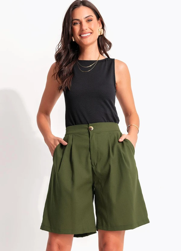 Quintess - Bermuda de Linho Verde Oliva com Pregas e Elástico no Cós 2