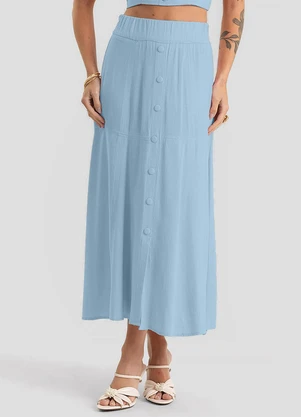 Dianna - Saia Feminina Midi com Botões em Linho Azul - DIANNA