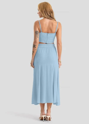 Dianna - Saia Feminina Midi com Botões em Linho Azul - DIANNA