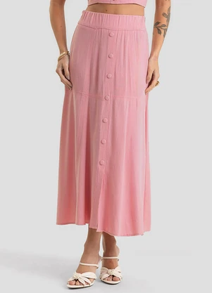 Dianna - Saia Feminina Midi com Botões em Linho Rosa - DIANNA