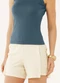 Marialícia - Short Feminino Listrado Recortes Azul - variação: Bege