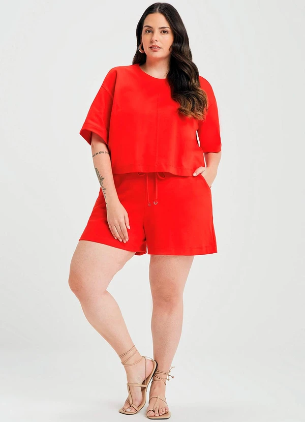 Marialícia - Short Feminino Moletom com Bolsos Vermelho 2