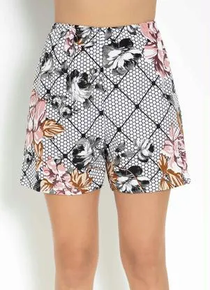 Moda Pop - Short Floral Branco com Elástico na Cintura - MODA POP