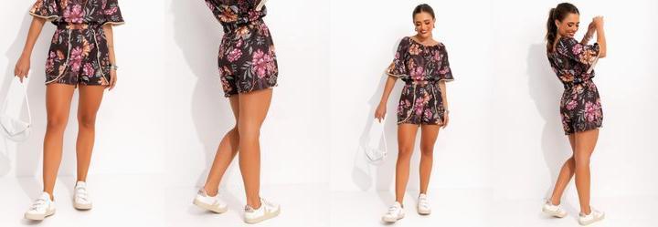 Short Floral Fundo Marrom em Malha