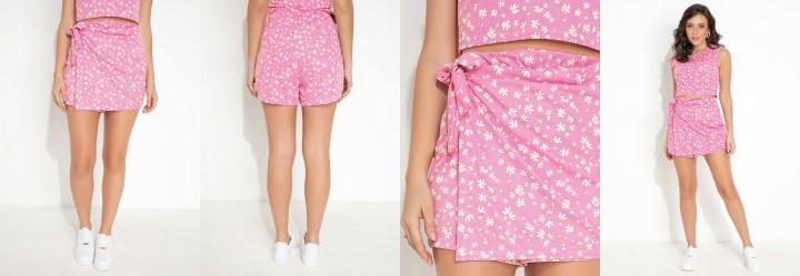 Short Floral Rosa Cintura Alta