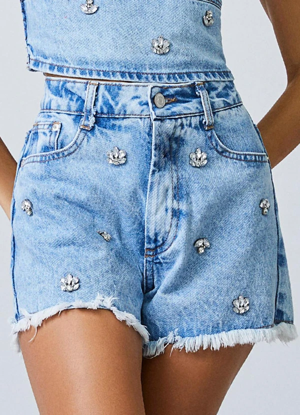 Authoria - Short Jeans Trendy com Pedrarias Azul