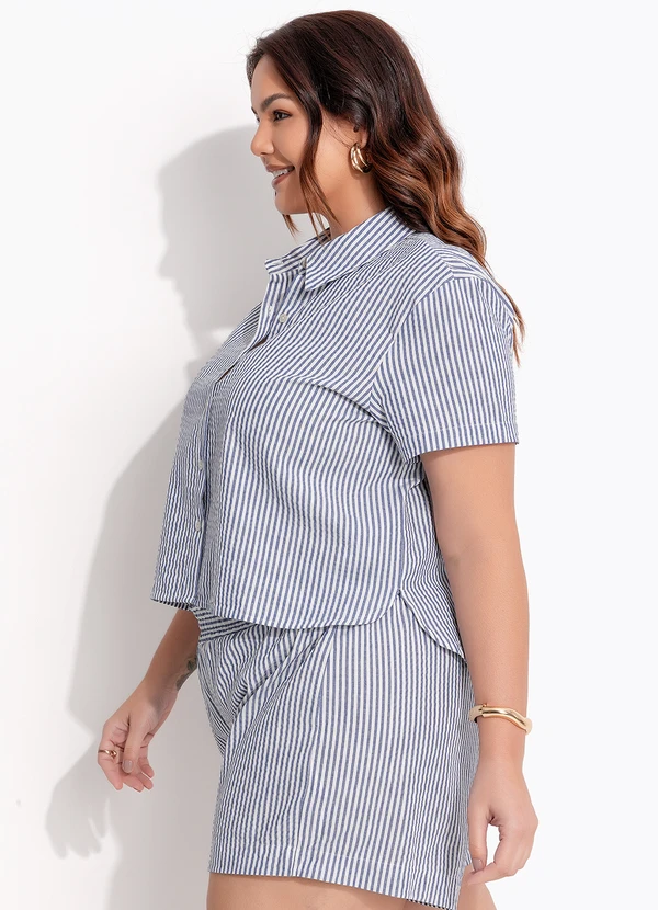 Quintess - Short Listrado Azul em Tecido Anaruga Fio Tinto