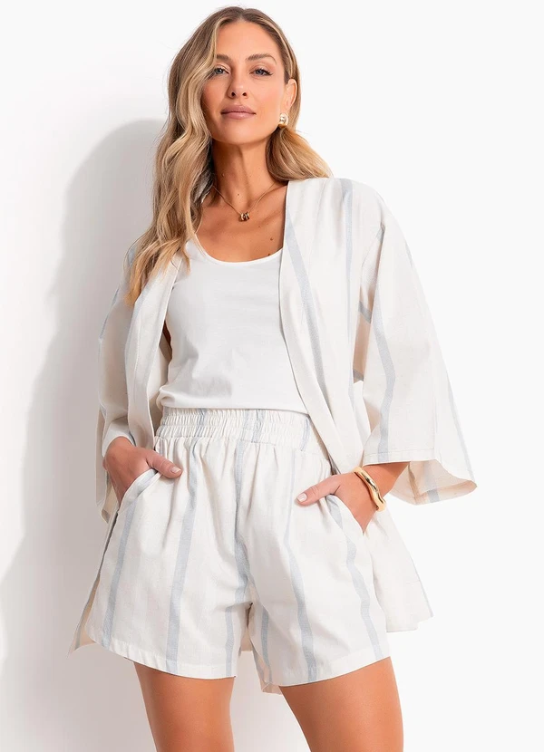 Quintess - Short Listrado Natural em Linho 2