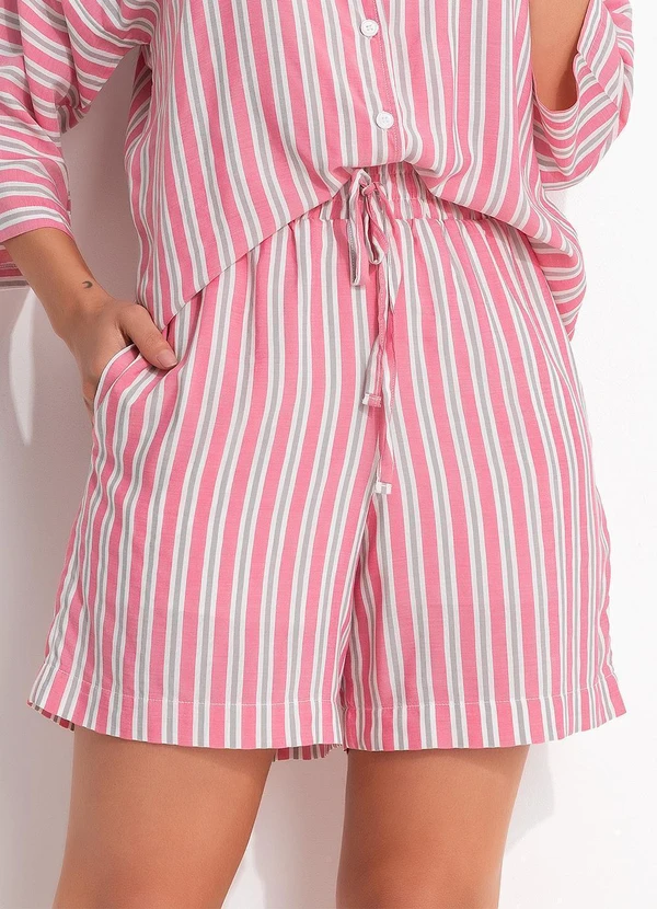 Quintess - Short Listrado Rosa e Cinza em Viscose Plana