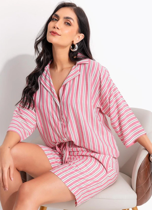 Quintess - Short Listrado Rosa e Cinza em Viscose Plana 5