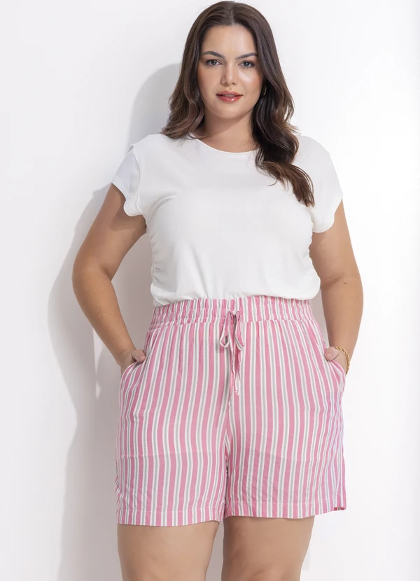 Quintess - Short Listrado Rosa e Cinza em Viscose Plana 2