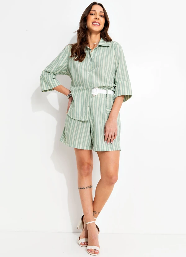 Bimini - Short Listrado Verde e Branco em Tecido Plano Li 6