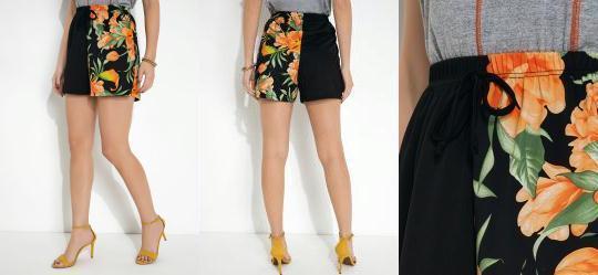 Short Preto e Floral Com Elstico no Cs
