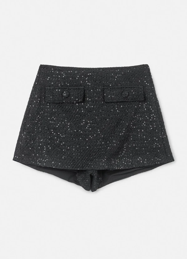 Authoria - Short Saia de Tweed Preto com Paetê Preto