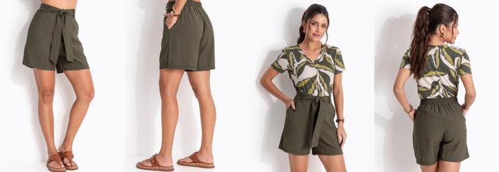 Short Verde Militar em Alfaiataria de Viscose com Poli�ster