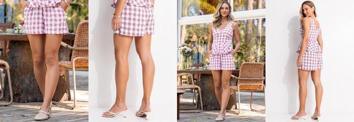 Short Vichy Rose em Tecido Plano de Poliéster Short Vichy Rose em Tecido Plano de Poliéster