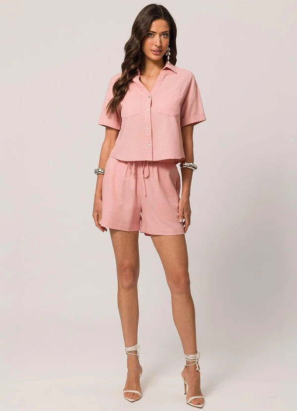 Doce Trama - Shorts em Plano Linen com Cós de Elástico Rosa 3