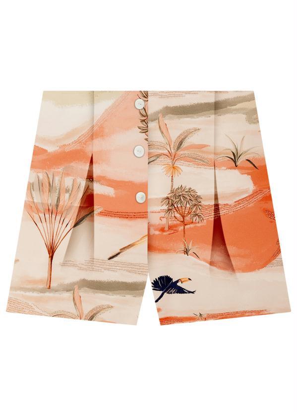 Lunender - Shorts Estampado em Viscose com Pregas Laranja 1