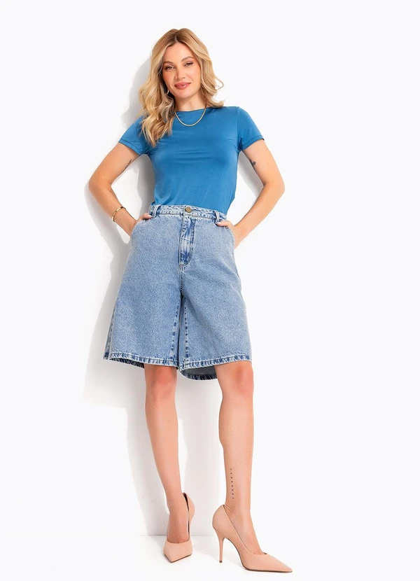 Quintess - Bermuda Azul Claro em Jeans Acompanha Lenço Estampado 8