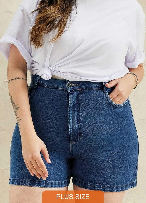 Marialícia - Short Feminino Jeans com Bolsos Azul 3