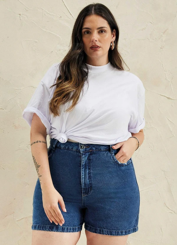 Marialícia - Short Feminino Jeans com Bolsos Azul 4