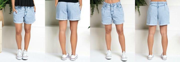 Short Jeans com Bolsos, Pregas e Barra Dobrada
