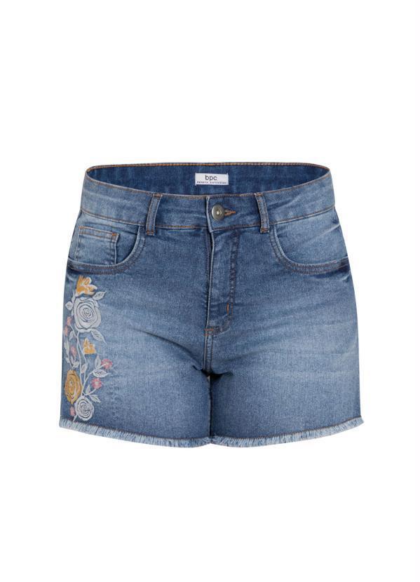 bonprix - Short Jeans com Bordado Floral Azul Médio 4