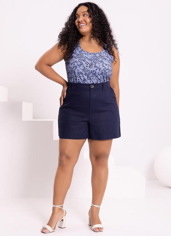 Lunender Mais Mulher - Shorts Cintura Alta Bolsos Passantes Linho Azul 3