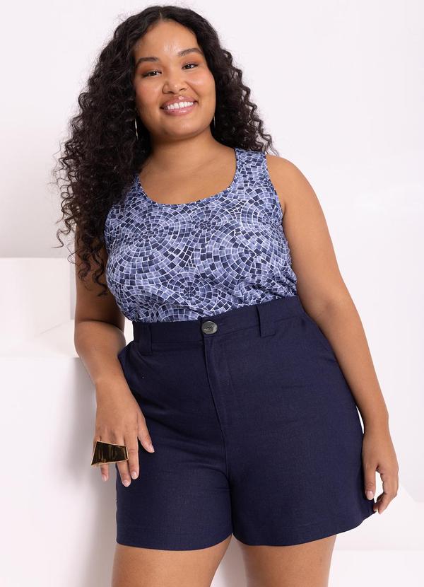 Lunender Mais Mulher - Shorts Cintura Alta Bolsos Passantes Linho Azul 5