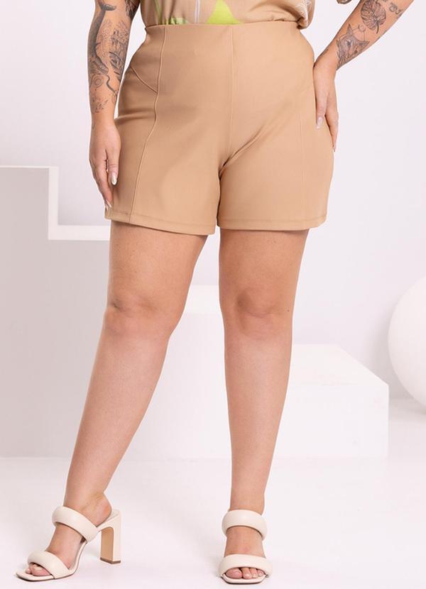 Lunender Mais Mulher - Shorts Cintura Alta Recortes Laterais Malha Bege