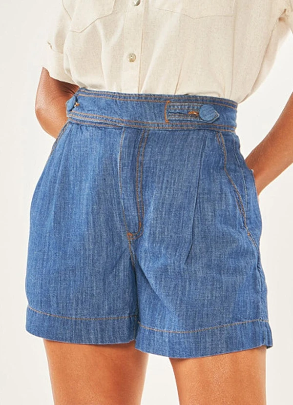 Doce Trama - Shorts em Jeans Listrado Azul 1