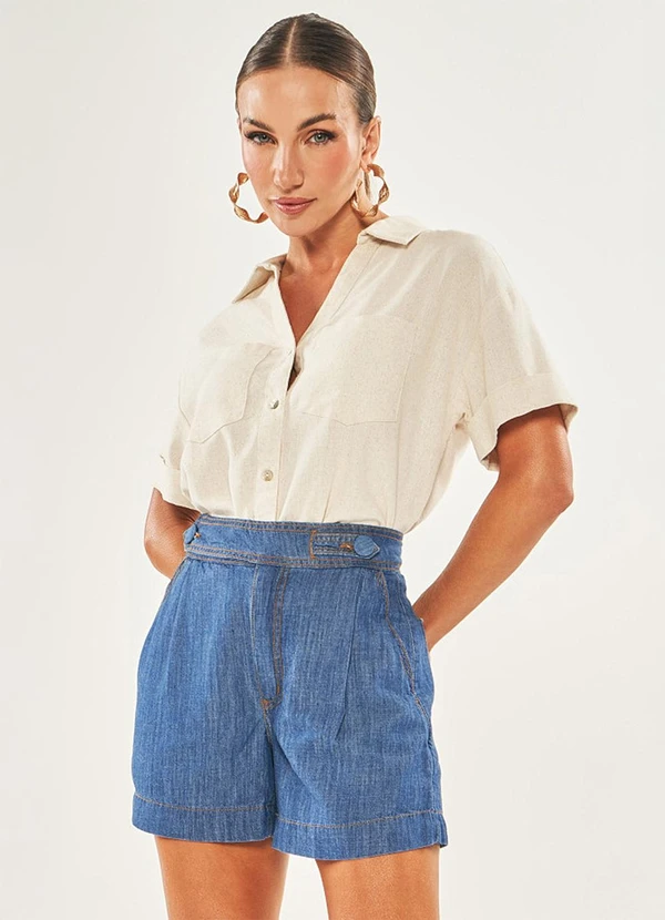 Doce Trama - Shorts em Jeans Listrado Azul 3