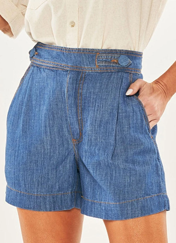 Doce Trama - Shorts em Jeans Listrado Azul 4