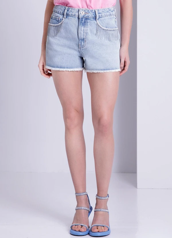 Lunender - Shorts Jeans Chapa Barriga com Corrente Azul