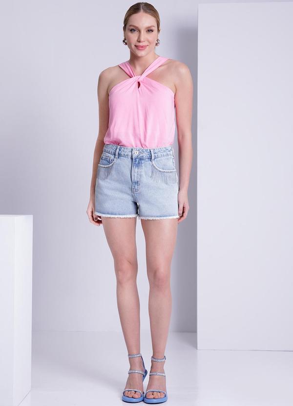 Lunender - Shorts Jeans Chapa Barriga com Corrente Azul 3