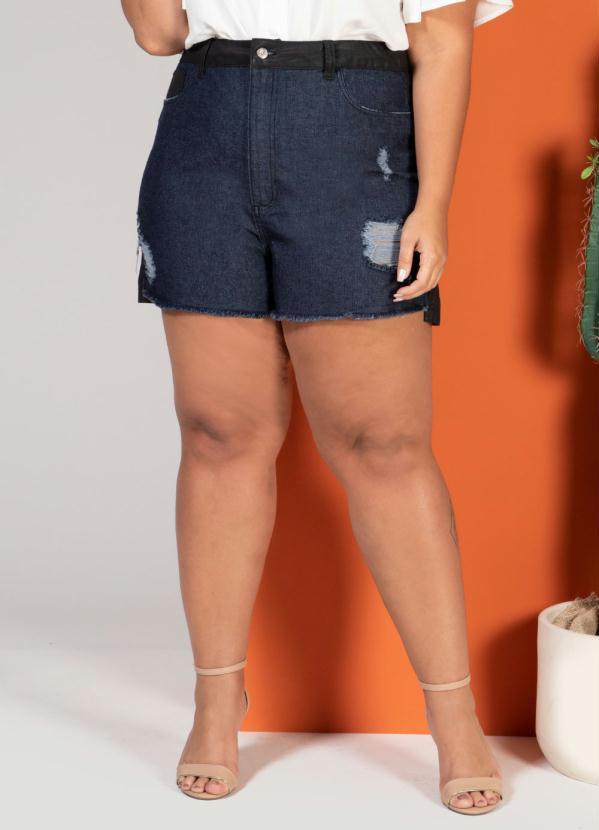Quintess - Shorts Jeans com Efeito Rasgado Jeans e Preto 7
