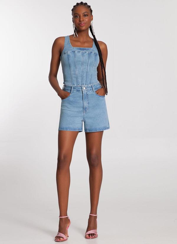 Lunender - Shorts Jeans Mom Chapa Barriga Glitter Azul 3