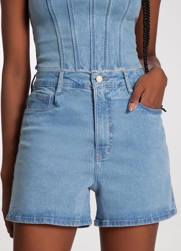 Lunender - Shorts Jeans Mom Chapa Barriga Glitter Azul 5