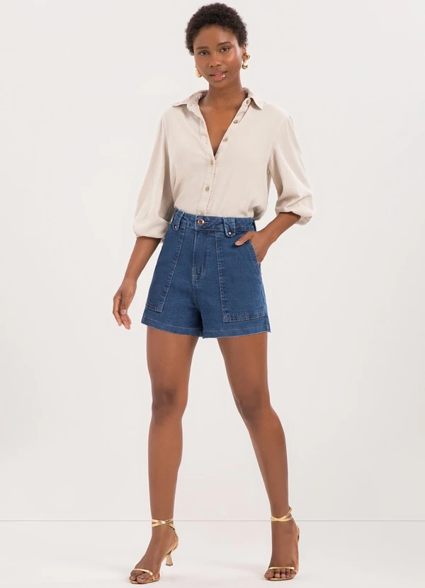 Lunender - Shorts Jeans Mom com e Bolsos Chapa Barriga Azul 3