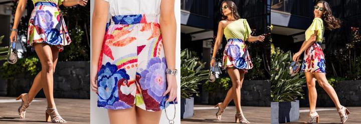 Short Floral Tropical Tucanos em Malha Fria